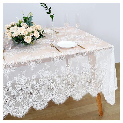 Fanqisi 5 Pieces White Lace Tablecloth 60x120 Inches Classic Wedding Lace Tablecloths Overlay Party Table Cover for Bridal Shower Reception Table Decoration
