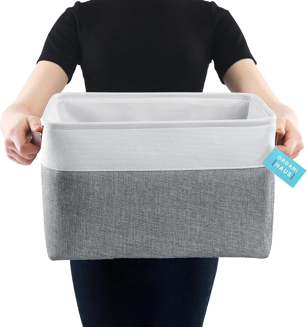 OrganiHaus Extra Large Fabric Storage Baskets - 3 Pack Canvas Organizers for Shelves | 16x13in Gray/Off-White