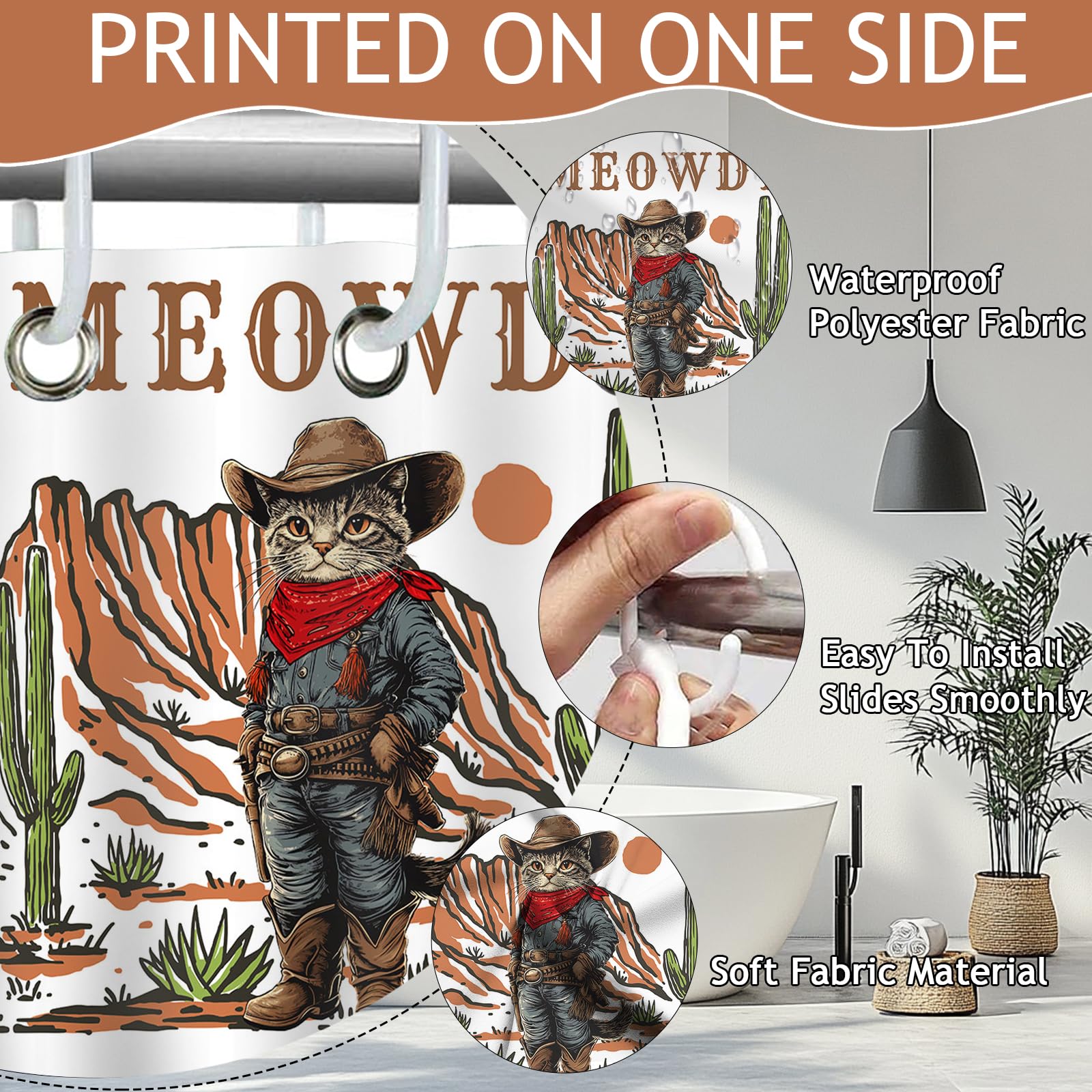 Mocsicka Funny Cowboy Cat Shower Curtain Vintage Fun Western Shower Curtain for Bathroom Waterproof Fabric Bath Curtain for Funny Bathroom Deocr 72 X 72 Inch