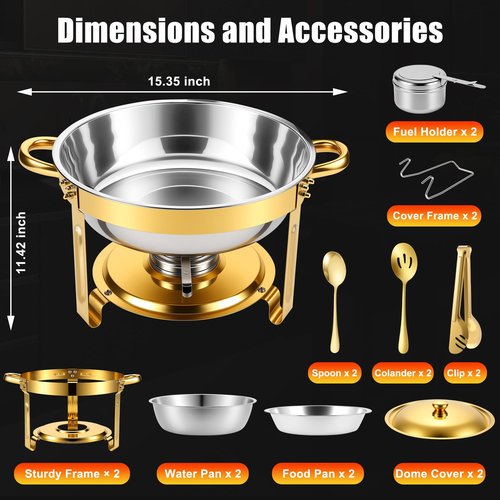 Chafing Dishes for Buffet 2Pack 4.5QT Round Stainless Steel Chafing Dish Set for Home Parties Catering Events Complete Buffet Warmer Set (Gold 2)