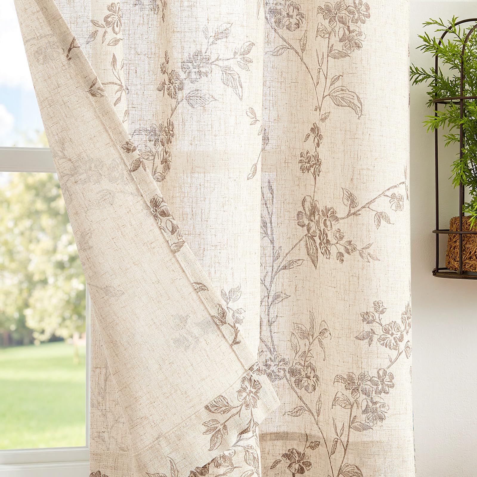 jinchan Floral Kitchen Curtains 45 Inch Linen Tier Curtains Farmhouse Cafe Half Window Drapes for Small Windows Light Filtering Taupe on Beige for Living Room Bathroom Back Tab 2 Panels