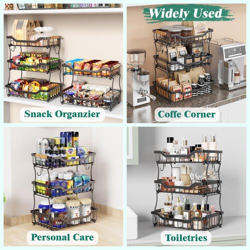 Giwil 3 Tier Countertop Fruit Basket for Kitchen, Vegetable Storage Bread Fruit Bowl Stand with 2 Banana Hooks, Wall Mounted Metal Wire Basket Organizer for Potato Onion, Black