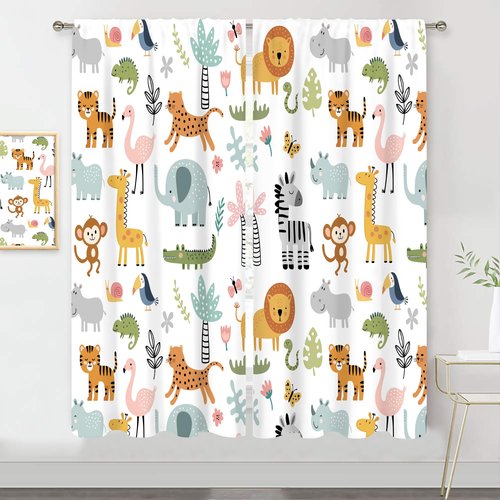 MESHELLY Kids Safari Animal Curtains 42Wx63H Inch Rod Pocket Nursery Baby Boy Bedroom Decor Cartoon Lion Jungle Woodland Wildlife Toddler Girl Children Living Room Window Drapes Fabric