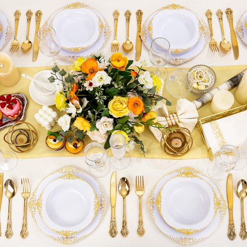 Joyido 100PCS Gold Plastic Bowls - 12 oz White Disposable Salad Bowls - Heavy Duty Soup Serving Bowl - Fancy Plastic Ice Cream Bowl for Parties, Dinners, Catering, Picnics