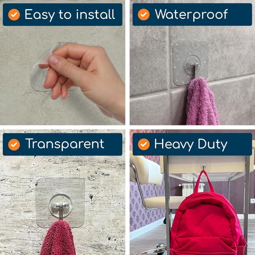 Gluitt Heavy Duty Adhesive Wall Hooks - No Drill, Waterproof, Clear 12 Pack for Home & Office