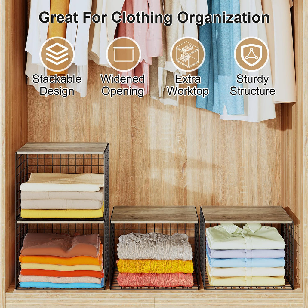 Widened & Heightened Closet Organizers And Storage Shelves With Top Board, Set of 3 Stackable Closet Shelf Organizer Storage Bin Basket For Clothes Sweaters,Space-saving, Sturdy,Wider Higher Size