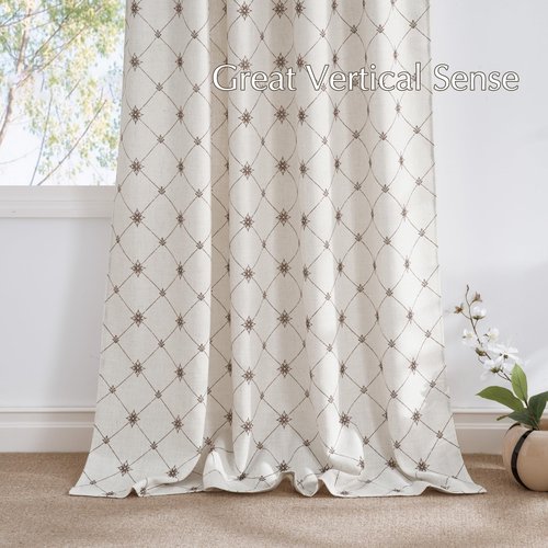 NICETOWN Linen Blend (250GSM) Semi Sheer Curtains 84 inches Long, Retro & Elegant Diamond Pattern Pocket & Back Tab Window Drapes Privacy with Light Filtering for Bedroom, W52 x L84, 2 Panels