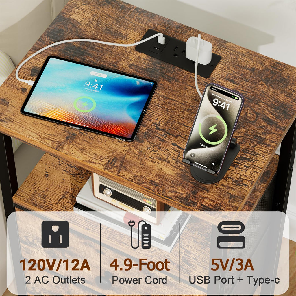LOAKEKEL Night Stand with Charging Station, Small Bedside Table with 2 Fabric Drawers, Nightstand with USB Ports & Outlets for Bedroom, Brown, HETS020BR-1
