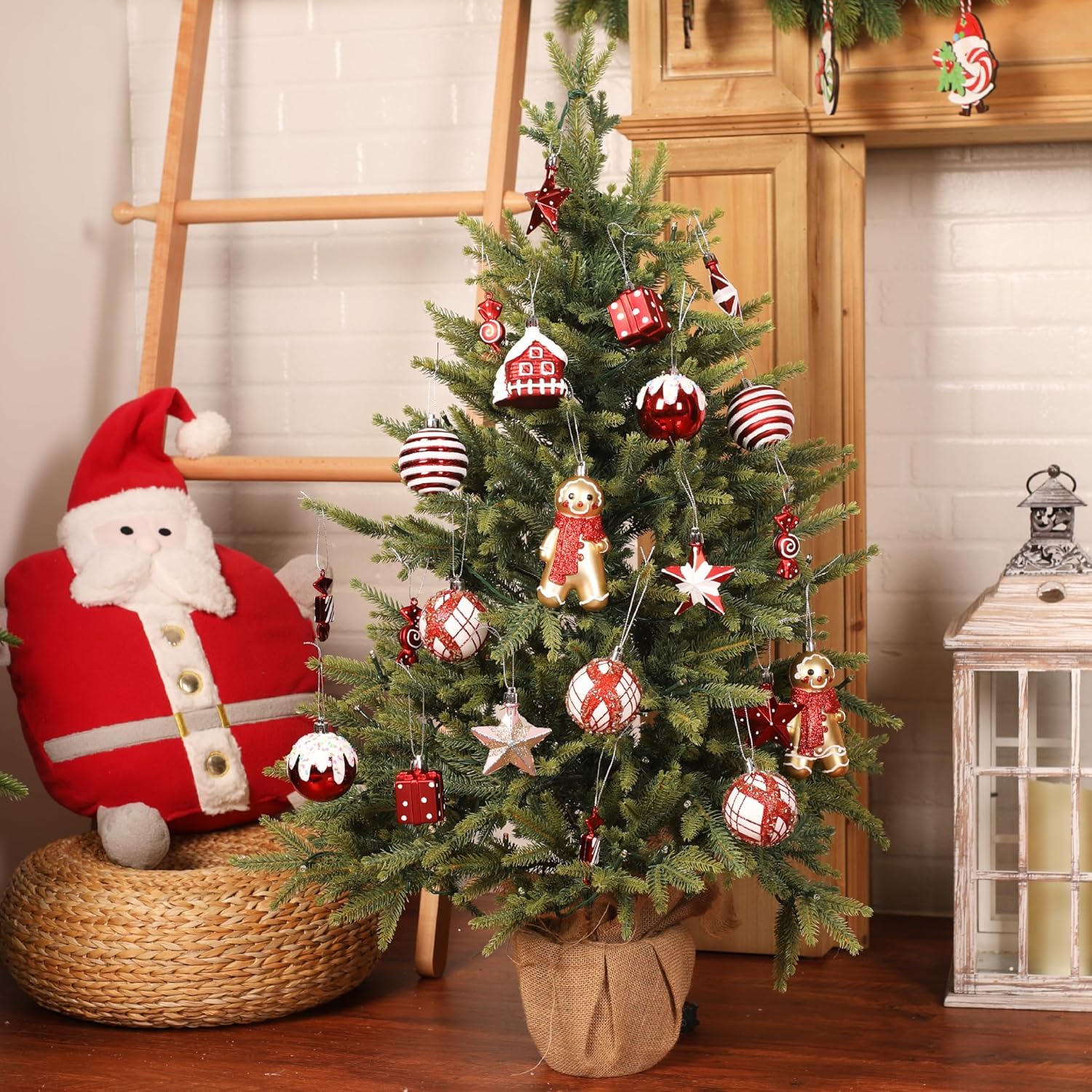 SHareconn 65pcs Christmas Tree Ornaments Set, Shatterproof Christmas Gingerbread Man Balls Bulk Gift Boxes, Hanging Plastic Decorative Baubles for Xmas Trees Decorations, Holiday Party, Red White