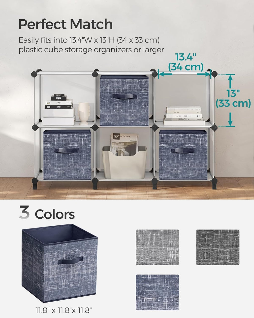 SONGMICS Storage Cubes - 11.8-Inch Foldable Non-Woven Fabric Bins with Double Handles | Set of 6 in Misty Blue