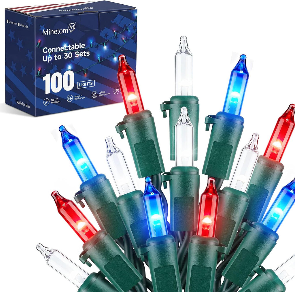 Minetom LED Christmas String Lights - 100 Count, 22 Feet Waterproof Mini Lights for Patriotic 4th of July Decor