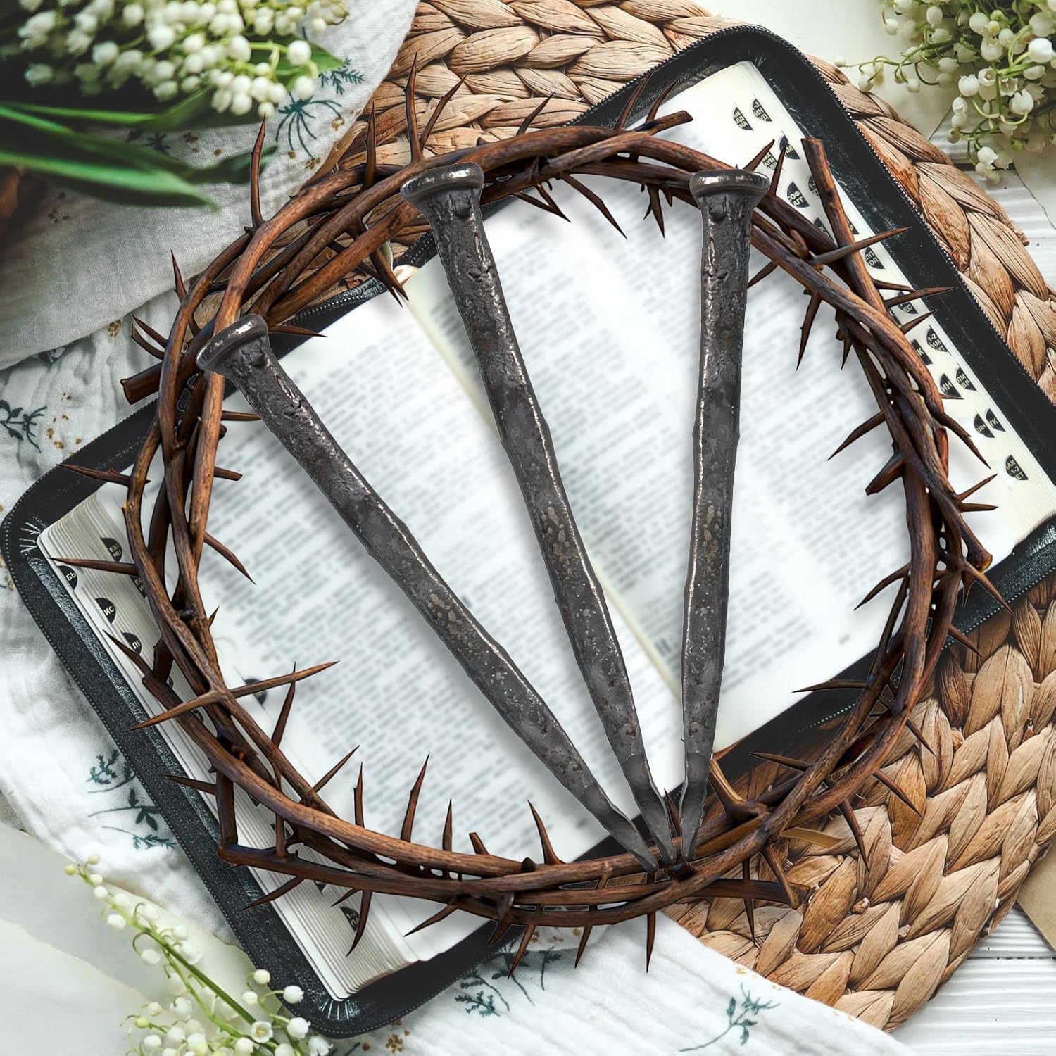 Skiennix Crown of Thorns - 4 Pieces with Crucifixion Nails | Christian Easter Home Decor