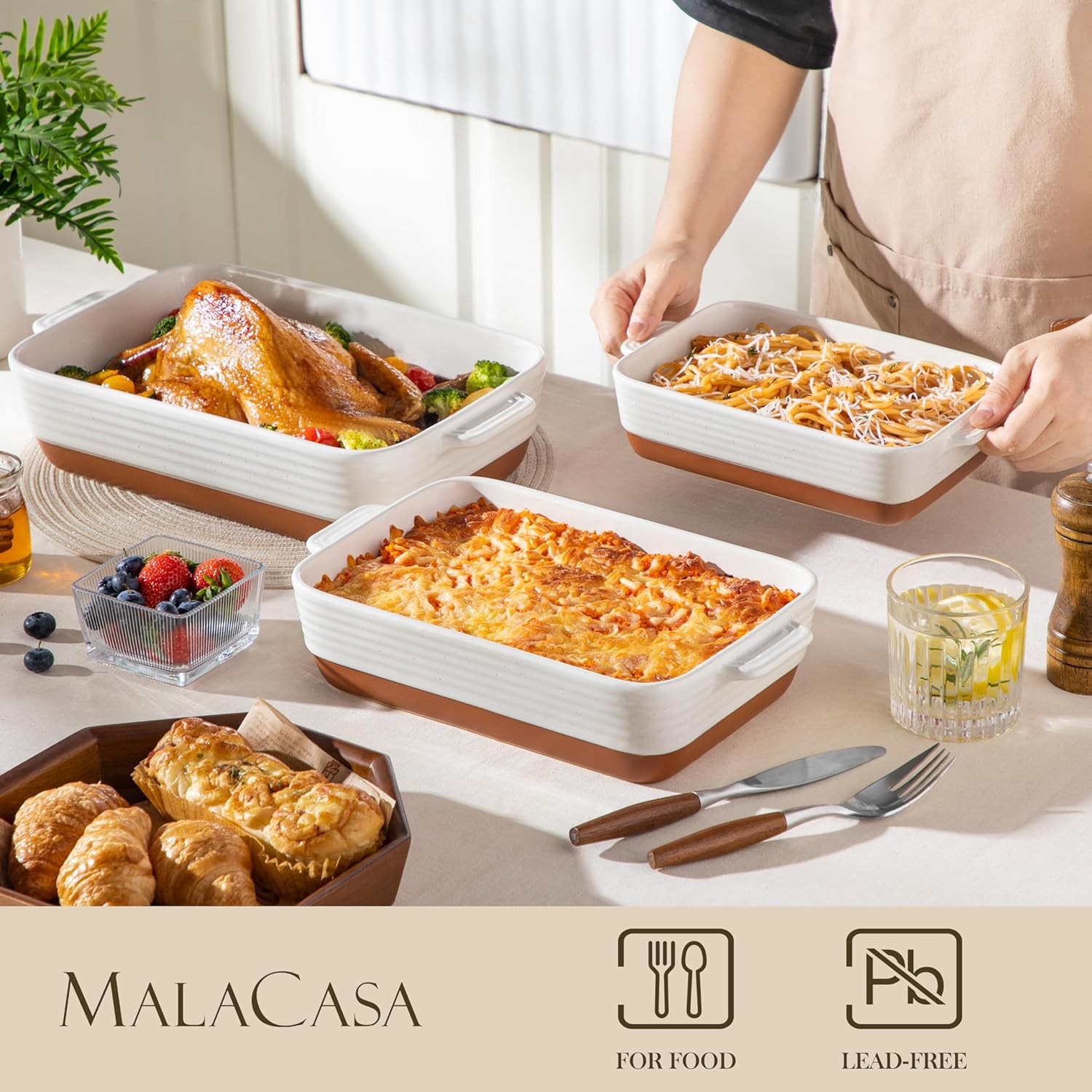 MALACASA Casserole Dishes Set - Ceramic Baking Pan Set of 3 with Handles - Rectangular Lasagna Dish in Khaki White (14.5''/13''/10.5'') | Series TARA
