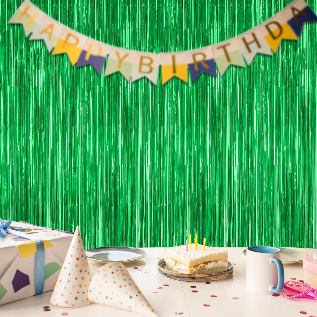 Regine Switzerland Tinsel Backdrop - 2 Pack Green Metallic Curtains for St. Patrick's Day Party | 3.28FT x 7.05FT