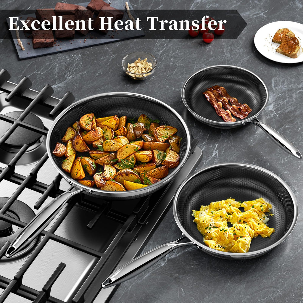 Innerwell Stainless Steel Frying Pans 11 Inch Titanium Ceramic Nonstick Frying Pans Hybrid Tri-Ply Nonstick Honeycomb Kitchen Cooking Pan Compatible with All Cooktops PFOA/PFAS/PTFE Free