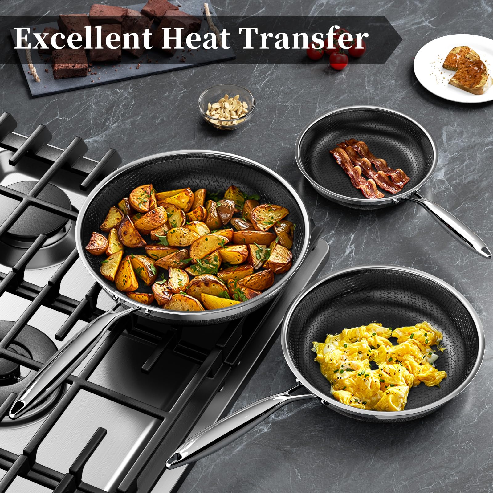 Innerwell Stainless Steel Frying Pans 11 Inch Titanium Ceramic Nonstick Frying Pans Hybrid Tri-Ply Nonstick Honeycomb Kitchen Cooking Pan Compatible with All Cooktops PFOA/PFAS/PTFE Free