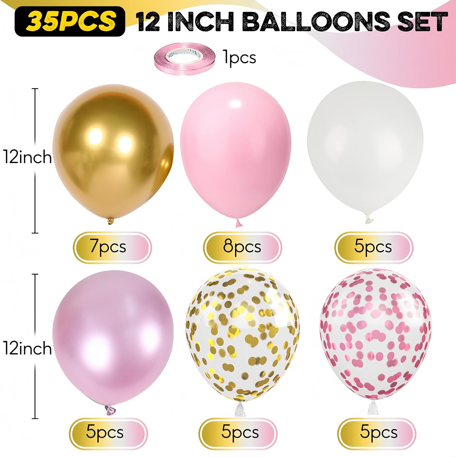 Skiennix Pink Gold Balloons Set - 12 Inch Pink & White Latex Balloons with Confetti | Perfect for Bridal, Baby Shower, and Birthday Decorations