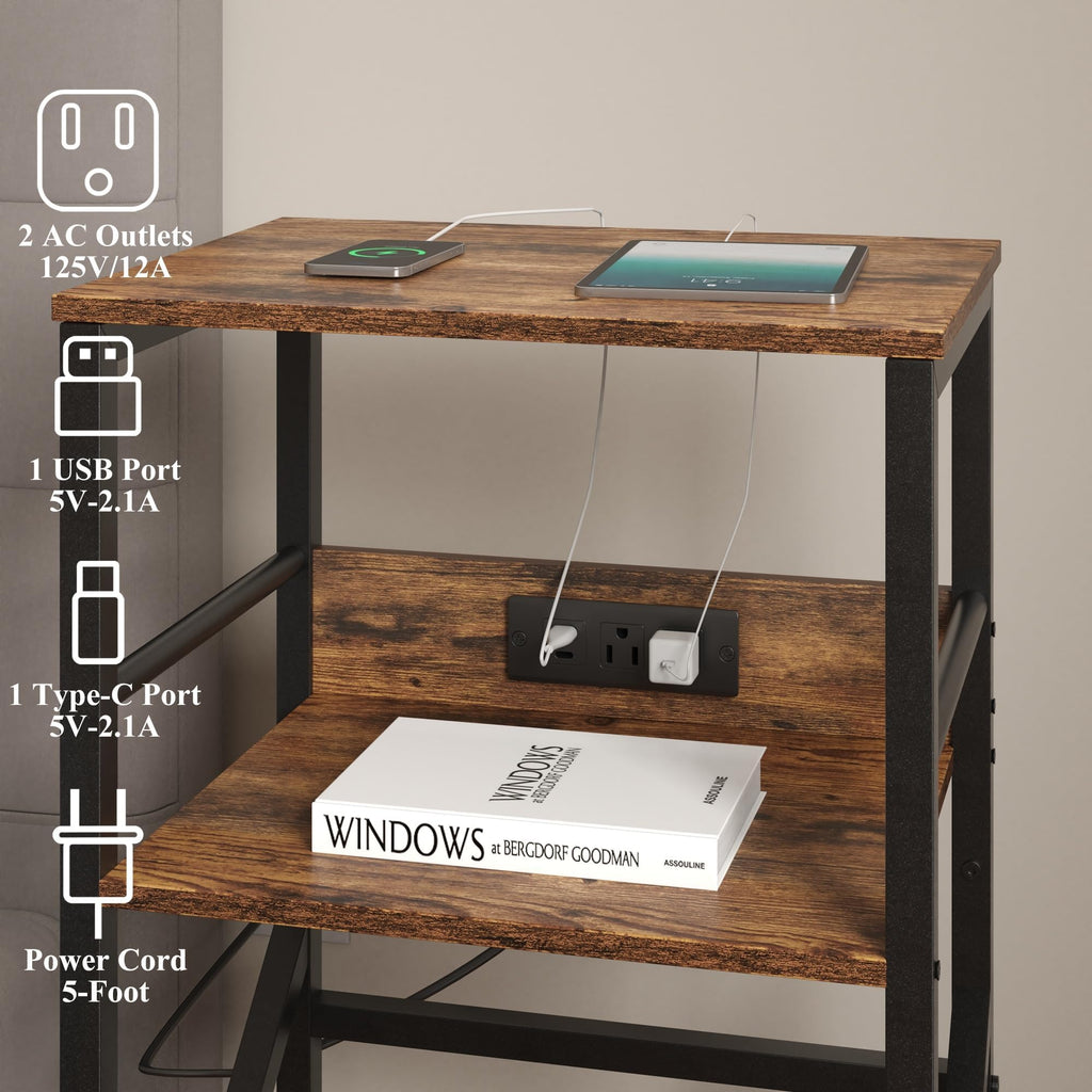 DALEMHOME Record Player Stand with Charging Station, 3-Tier Side Table for 100 Vinyl Storage, End Table for Living Room, Bedroom, Rustic Brown HKET1001BR