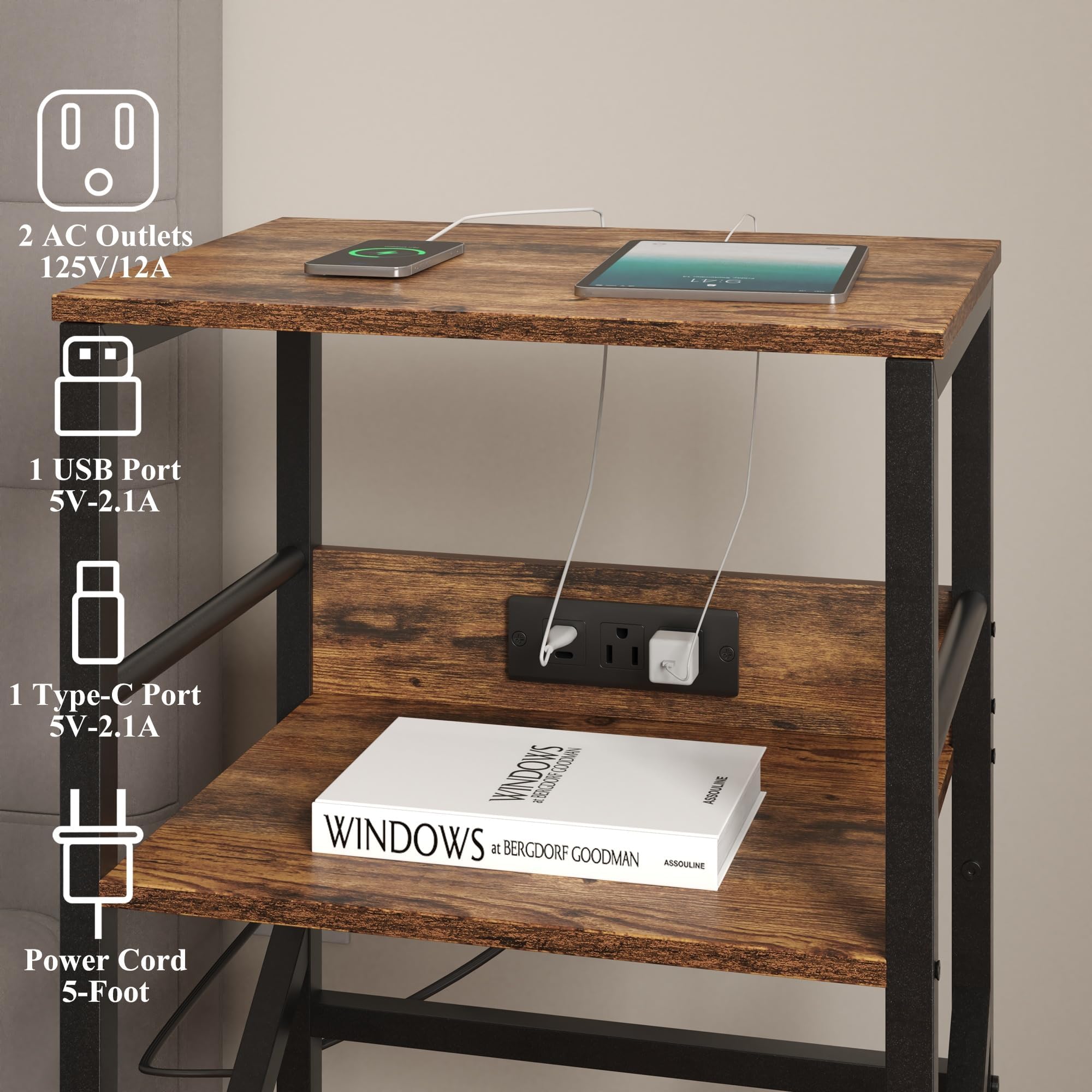 DALEMHOME Record Player Stand with Charging Station, 3-Tier Side Table for 100 Vinyl Storage, End Table for Living Room, Bedroom, Rustic Brown HKET1001BR