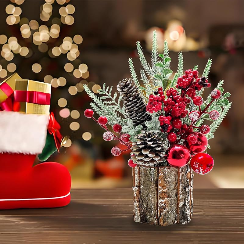 Small Christmas Tree - Artificial Mini Tabletop with Red Berries & Pine Cones (Variation: Red)