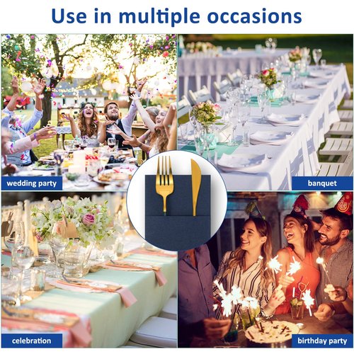 Cindeer 150 Pcs Navy Blue Linen Dinner Feel Napkins with Built in Flatware Pocket Prefolded Paper Disposable Airlaid Guest Hand Towel for Silverware Wedding Reception Christmas Baby Shower