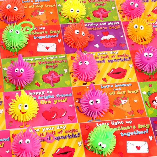24 Pack Valentines Day Cards for Kids Classroom with LED Puffer Balls, Valentines Gifts for Kids School Class Exchange Prizes Party Favors Valentines Light Up Toys Stress Relief Balls for Boys Girls