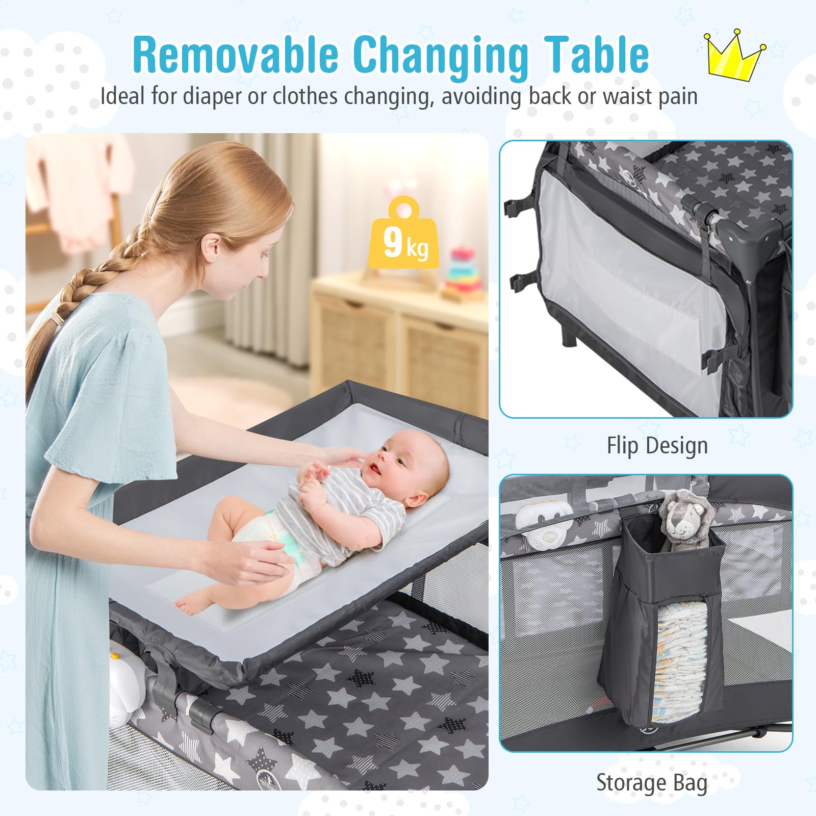BABY JOY 4 in 1 Pack and Play, Portable Baby Playard with Bassinet, Adjustable Canopy, Changing Table, Lockable Wheels, Glowing Music Box, Travel Baby Crib Bassinet Bed from Newborn to Toddler