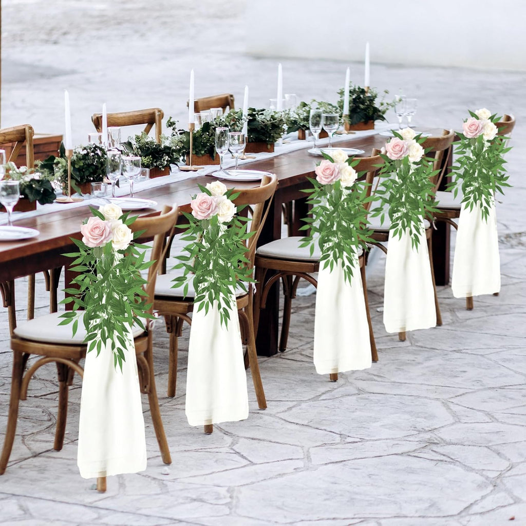 VitalCozy Wedding Aisle Chair Decorations - 12 Sets of White Sashes with Artificial Ruscus & Chiffon for Ceremonies