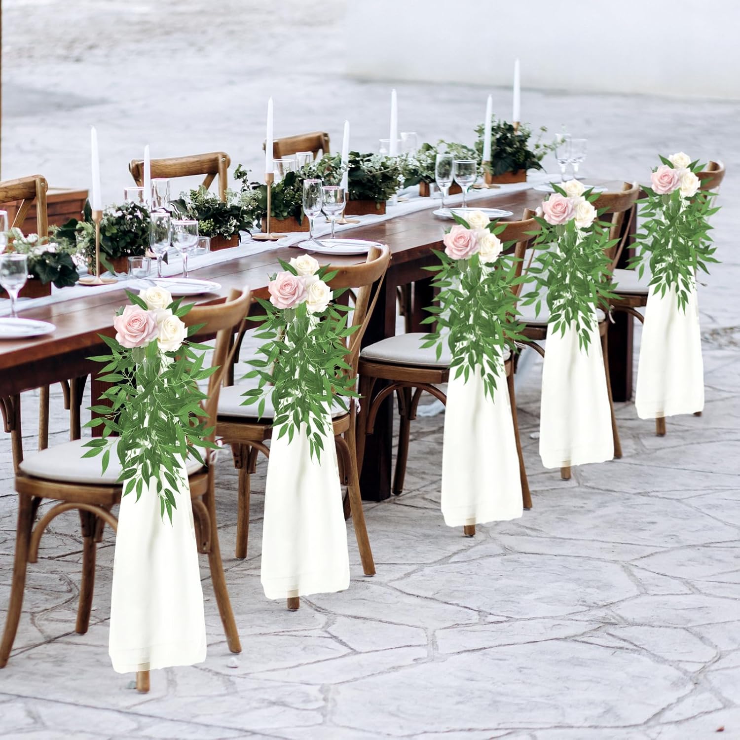 VitalCozy Wedding Aisle Chair Decorations - 12 Sets of White Sashes with Artificial Ruscus & Chiffon for Ceremonies