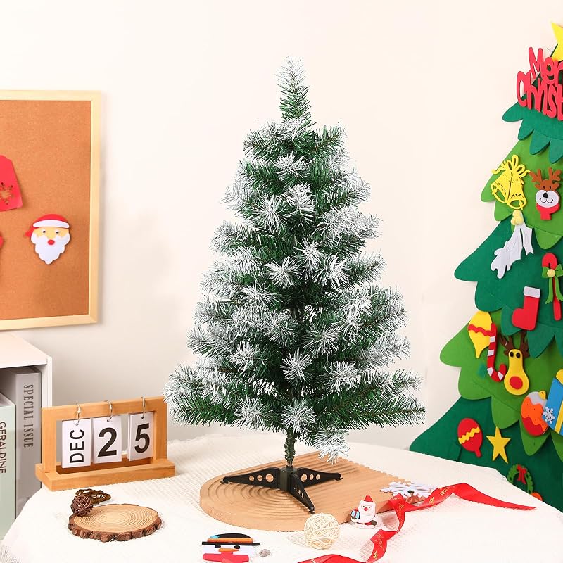 2Ft Green Tabletop Christmas Tree with Snow-Focked Tips & Plastic Stand - 24in Mini Xmas Pine