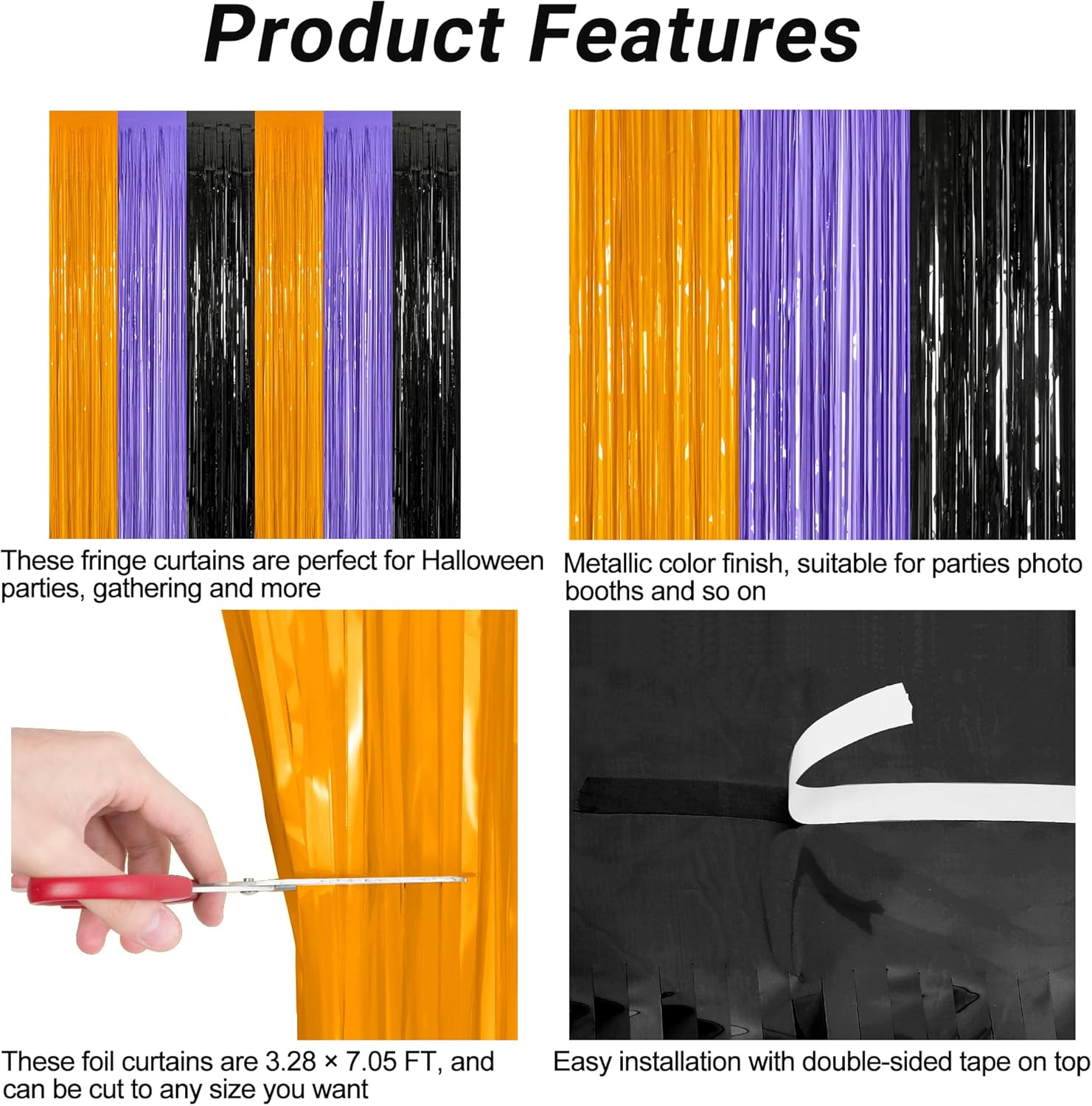 Regine Switzerland 2 Pack Halloween Backdrop - 3.28 FT x 7.05 FT Foil Fringe Curtains | Orange, Purple & Black Party Decor