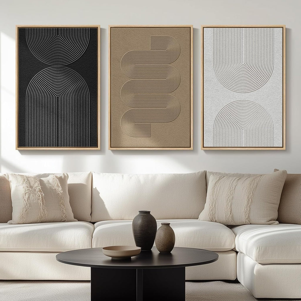 Skiennix Large Framed Boho Modern Abstract Wall Art - 3 Piece Black & White Canvas Set | 24x36 In