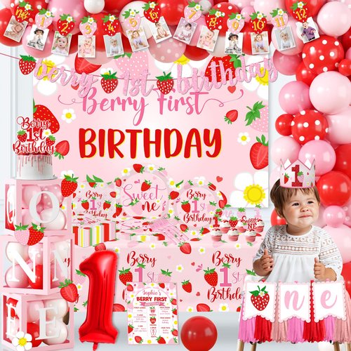 Berry First Birthday Decor Strawberry 1st Birthday Decorations Girls With Strawberry Decor Plates Napkins Balloons Strawberry Party Backdrop Banner Cake Toppers for Girl 1st birthday Decorations
