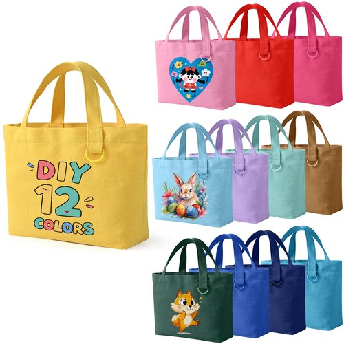 KIDJFGG 12 Pack Small Canvas Tote Bags, Mini Tote Bags Bulk for Women, DIY Blank Reusable Cute Sublimation Totes Bag with Handles & D Ring for Grocery, Valentine's Day, Wedding Gifts (Multicolour)