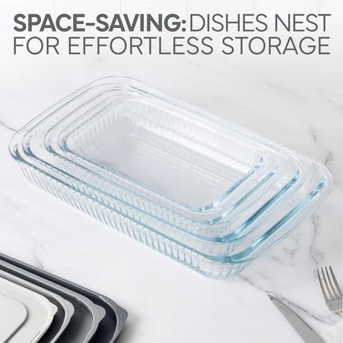 Cook With Color 8-Piece Deep Glass Baking Dish Set - Versatile Casserole & Food Storage Containers | Freezer-to-Oven, Microwave & Dishwasher Safe, Fluted Grey