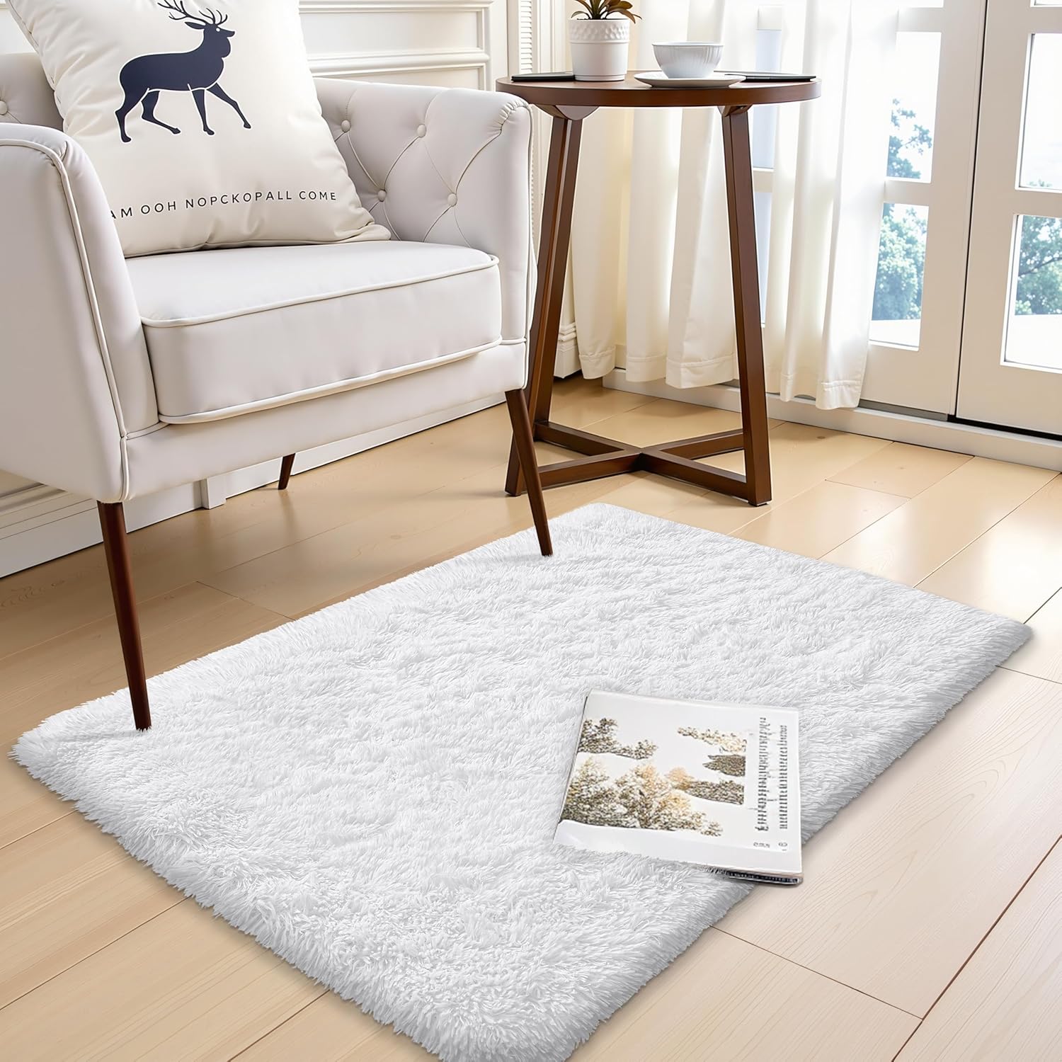OLANLY Small Bedside Rug - Soft, Fluffy Shaggy Throw Rug for Bedroom & Living Room | White, Machine Washable