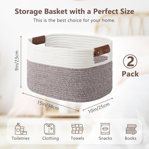 ECDYQXVU Cotton Rope Basket - Woven Storage Baskets with Handles | 15x10x9 Inch | White & Brown 2 Pack