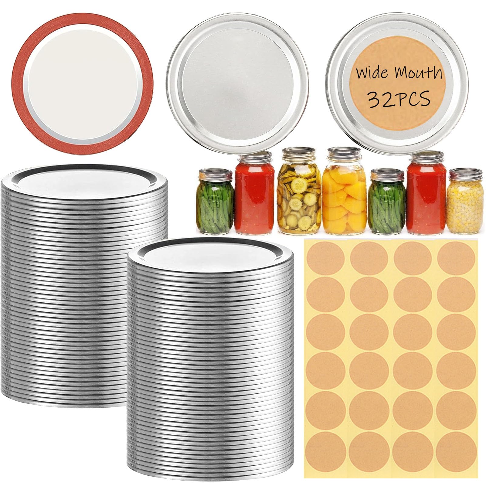 32Pcs Rust-Proof Canning Lids Wide Mouth, Wide Mouth Mason Jar Lids for Ball or Kerr, Large Mouth Mason Jars Lids
