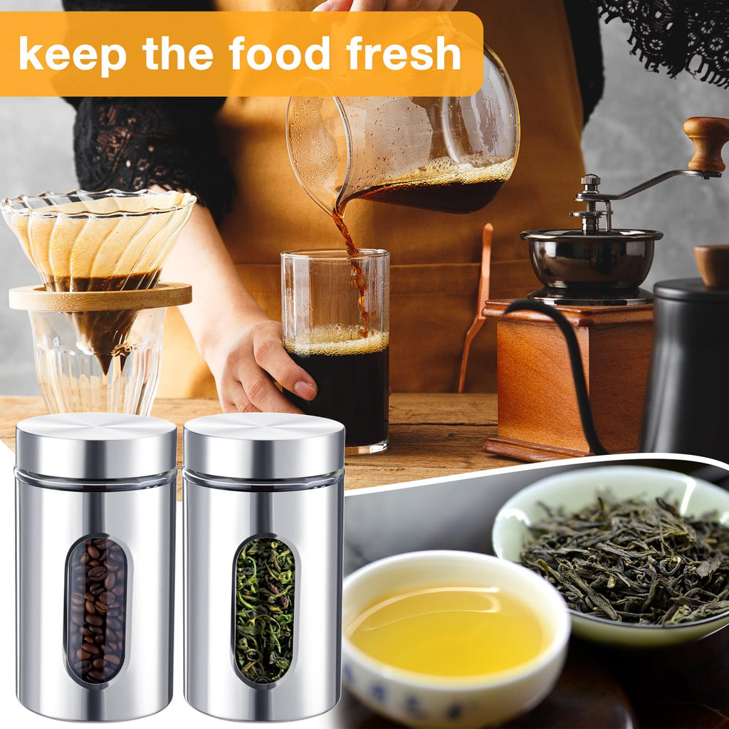 Mimorou 6 Pack Kitchen Canisters Set Airtight Coffee Sugar Tea Candy Storage Jars with Window Glass Stainless Steel Containers with Lids for Flour Cookies Spices Grains Kitchen Decorations(32 oz)