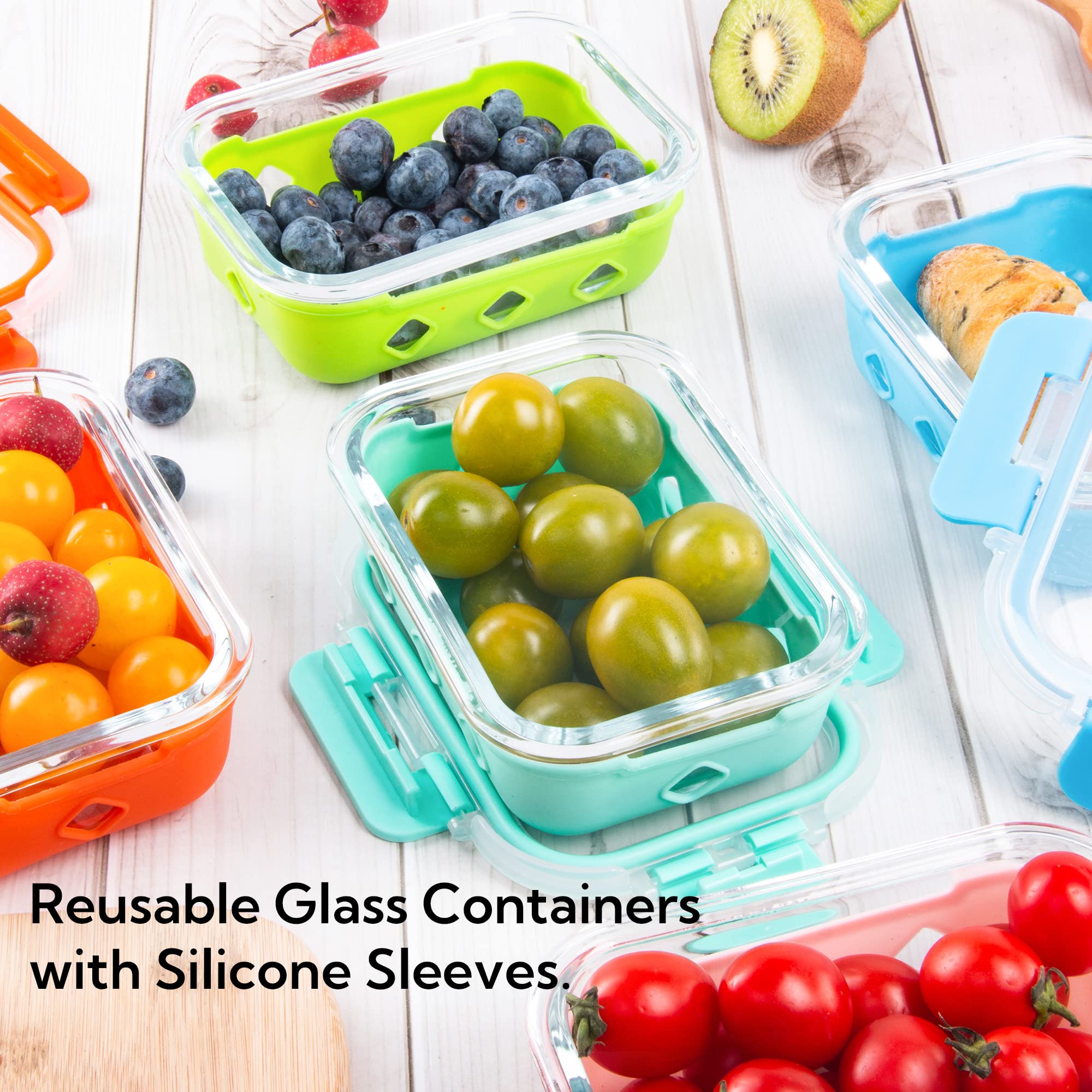 YARYOUNG 10 Pack Glass Meal Prep Containers with Removable Silicone Sleeves,Food Storage Container Set with Airtight Lids (34oz+12oz)