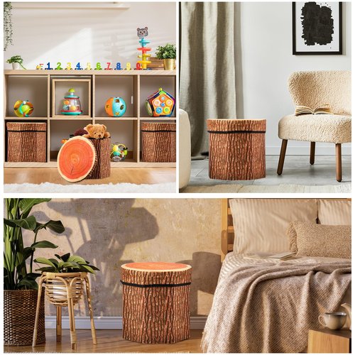 Amylove 3 Pack Tree Stump Storage Stool 12 x 12 Inch Stool Ottoman, Cute Folding Storage Toy Box with Foam Cushion, Collapsible Seat Chest (Classic)