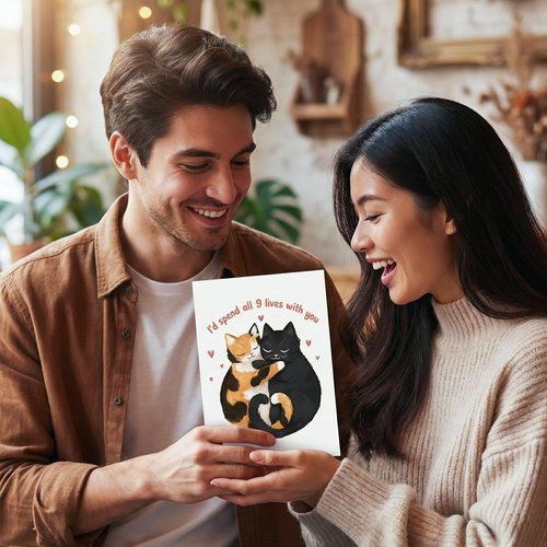 LINHARA Valentines Cat Love Card, 5x7 Inches Valentine Cards With Envelopes, I'd Spend All 9 Lives With You, Valentine Day Card, Valentines Gifts For Her, Cards For Wife, Gift For Husband, LGBTQ+ Gift