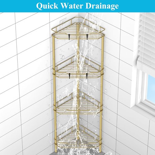 HuggieGems Corner Shower Caddy Organizer - 4 Tier Floor Stand with Hooks | Elegant Gold Finish