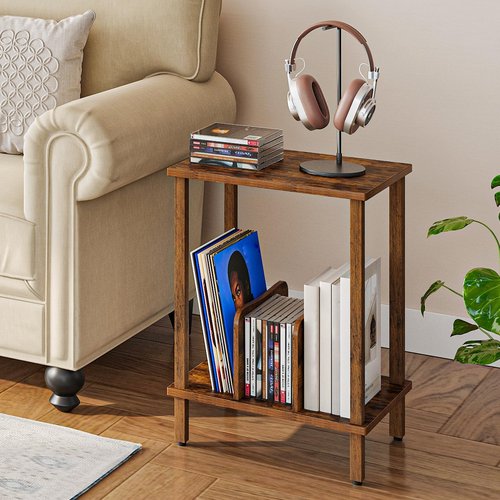 HOOBRO Small End Table, 2-Tier Record Player Stand Vinyl Record Turntable Stand with Storage up to 100 Albums, Small Side Table for Living Room, Bedroom Rustic Brown, FG05RS01
