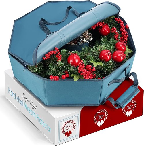 Hearth & Harbor Wreath Storage Container - Premium Hard Shell Organizer with Dual Zipper & Pockets - 24" Size