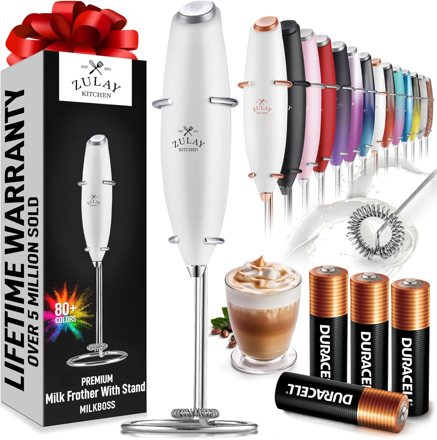 Zulay Kitchen Milk Frother Wand - Ultra-Fast Handheld Mixer with 4 AA Batteries - Blizzard White for Coffee & Lattes