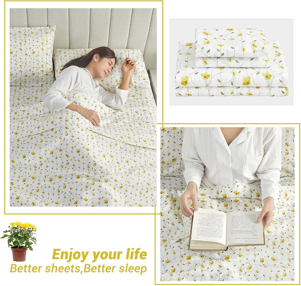 Softan Queen Size Floral Bed Sheets - 4-Piece Microfiber Set with 15" Deep Pockets & Corner Straps