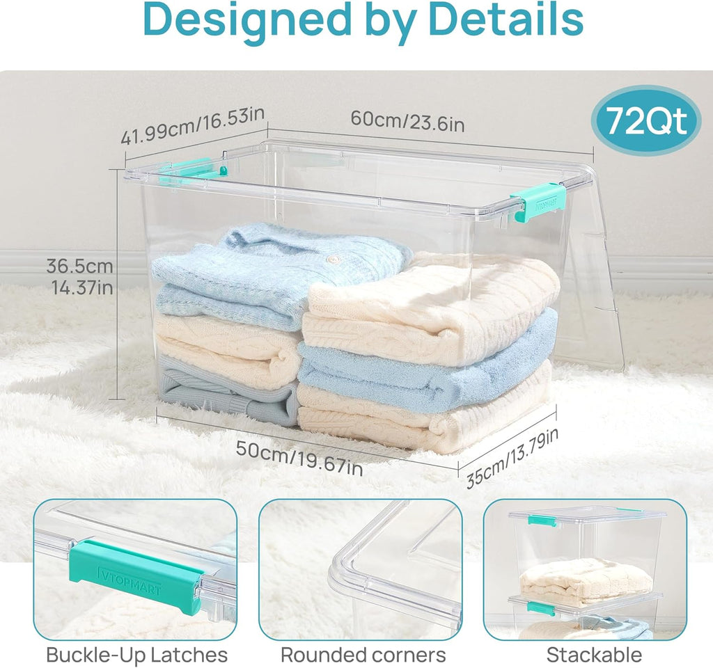 Vtopmart 72 QT Crystal Clear Storage Bins - 2 Pack Stackable Latching Containers for Closet & Bedroom Organization