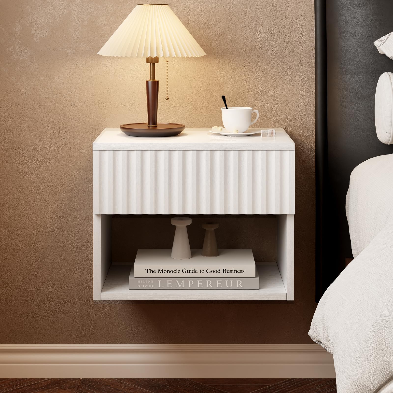 AURINEST Floating Nightstand Set of 2, Modern Wall Mounted Bedside Tables with Fluted Drawer, Night Stand Small End Table with Open Storage Shelf for Bedroom, Living Room, Small Spaces, White