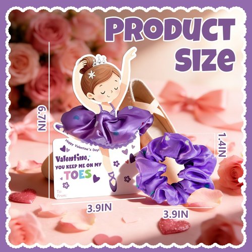 Valentines Day Cards for Kids School - 24 Pack Dance Valentines Cards with Hair Scrunchies, Ballet Valentine for Class Party Favors, Girls Valentine Gifts for Daycare Preschool Classroom Exchange